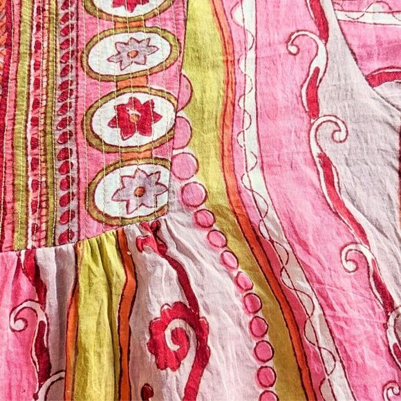 ALICIA BELL Pink Gold Silk-Cotton Short Sleeve Boho Peasant Top Sz L - Picture 2 of 6